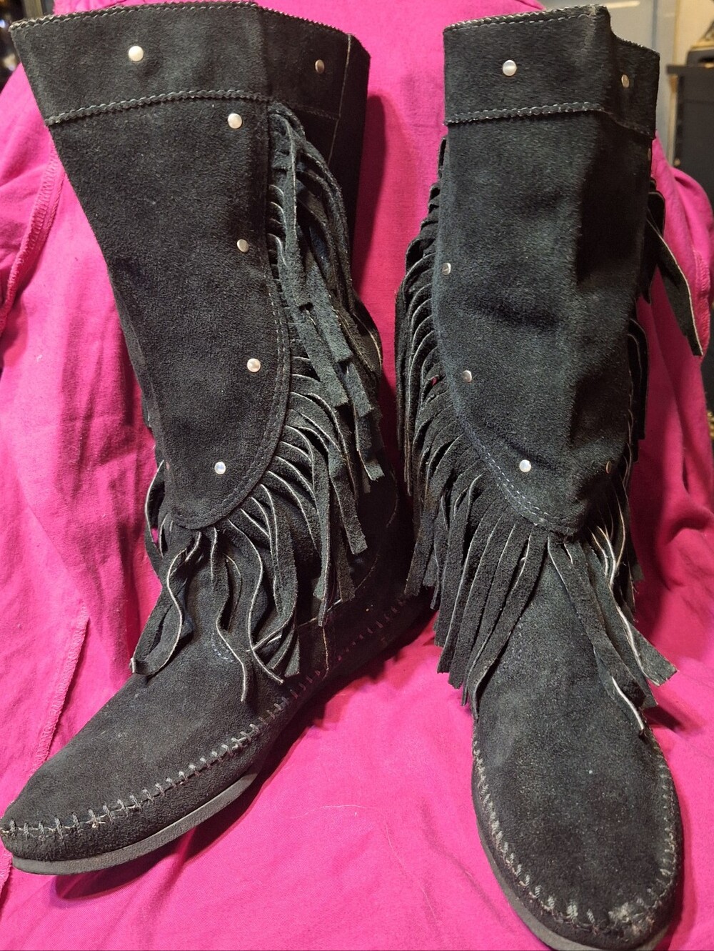 Minnetonka Black Suede Fringe Moccasins